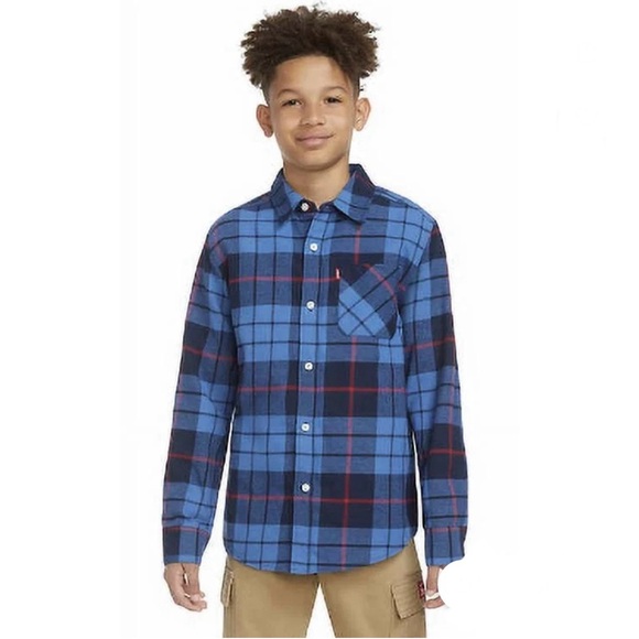 Levis Flannel Shirt Boys L Blue Long Sleeve Button Up Outdoors NWOT Plaid Hiking - Picture 1 of 4